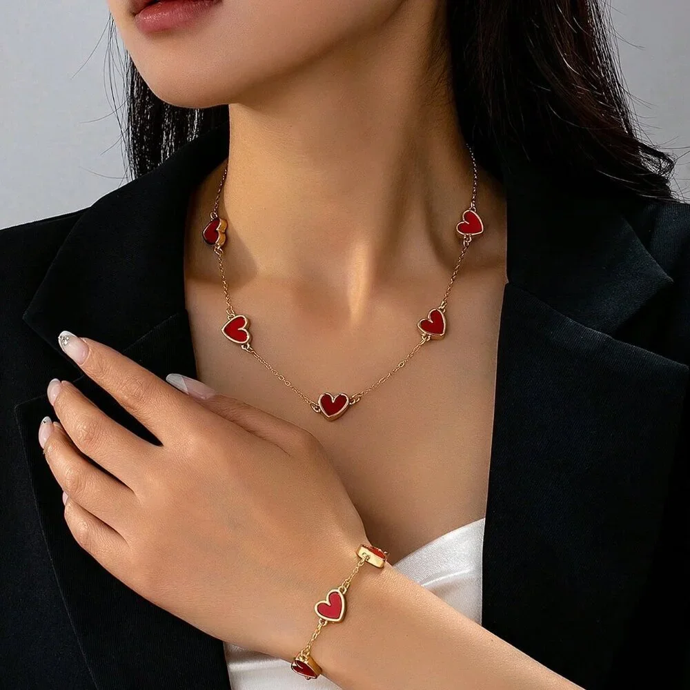 Red Elegant Women's Heart-Shaped Jewelry Set
